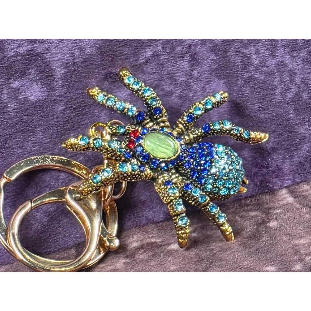 Spider Keychain Gold Tone Blue Rhinestones Jeweled Bug Purse Charm Bling - Picture 5 of 10
